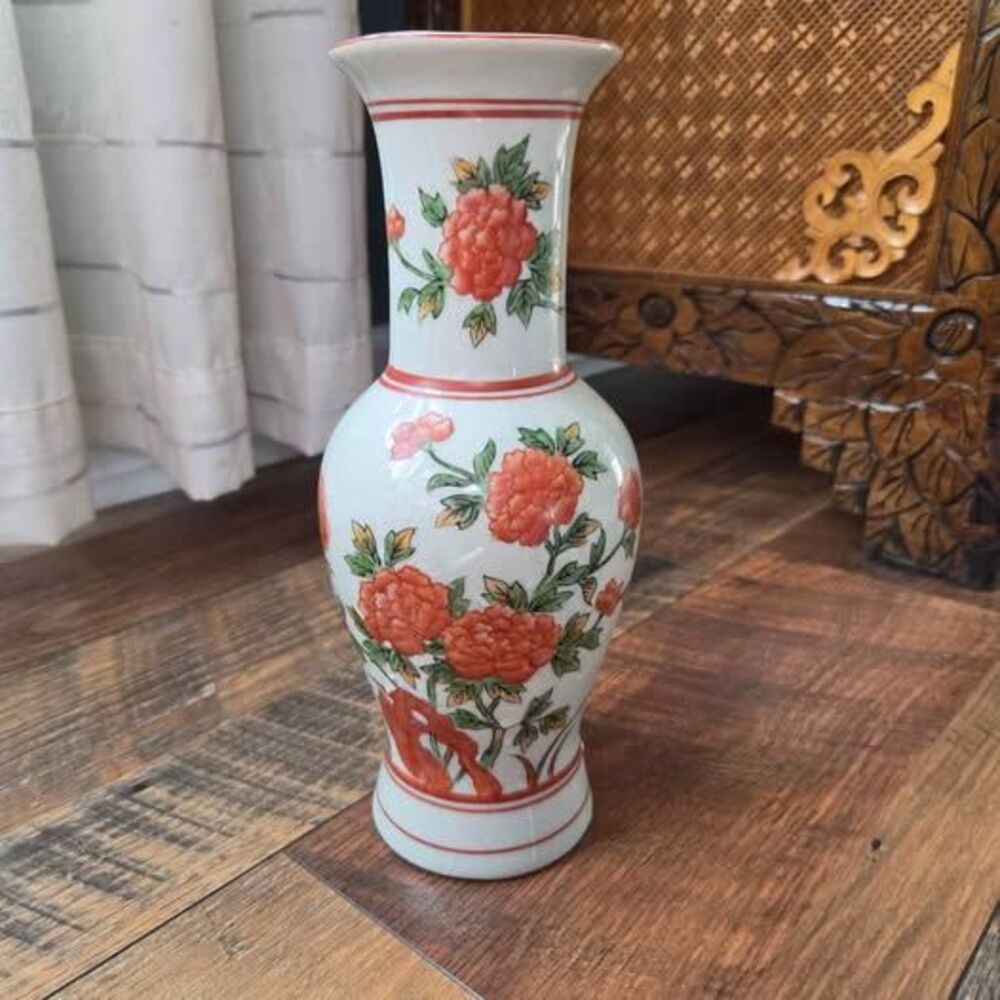 Vtg Andrea by Sadek Floral Orange Peony Ceramic Vase Crackle Glaze Japan 9274